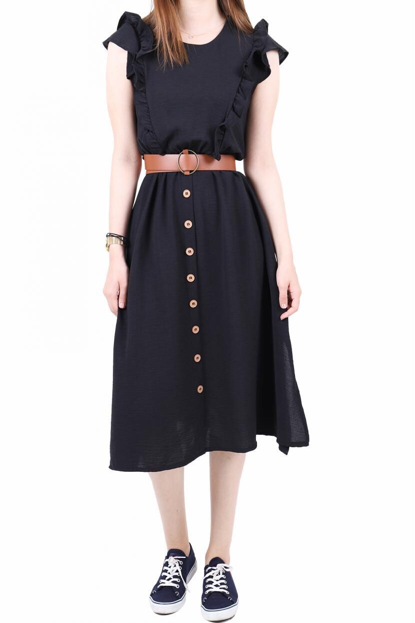 Fırfırlı Yanları Yırtmaçlı Elbise