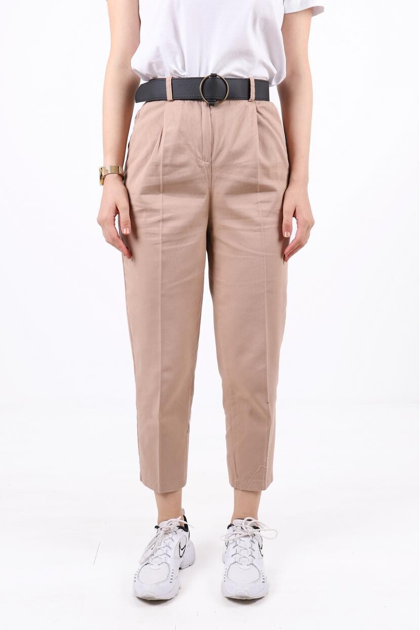 Kemerli Arkası Lastikli Boru Paça Pantolon 