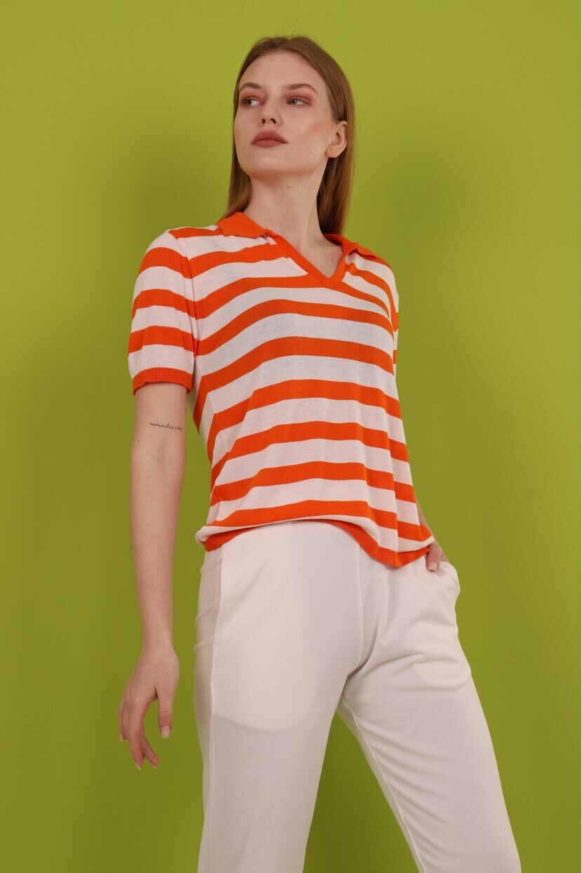Polo Yaka Kalın Çizgili Triko