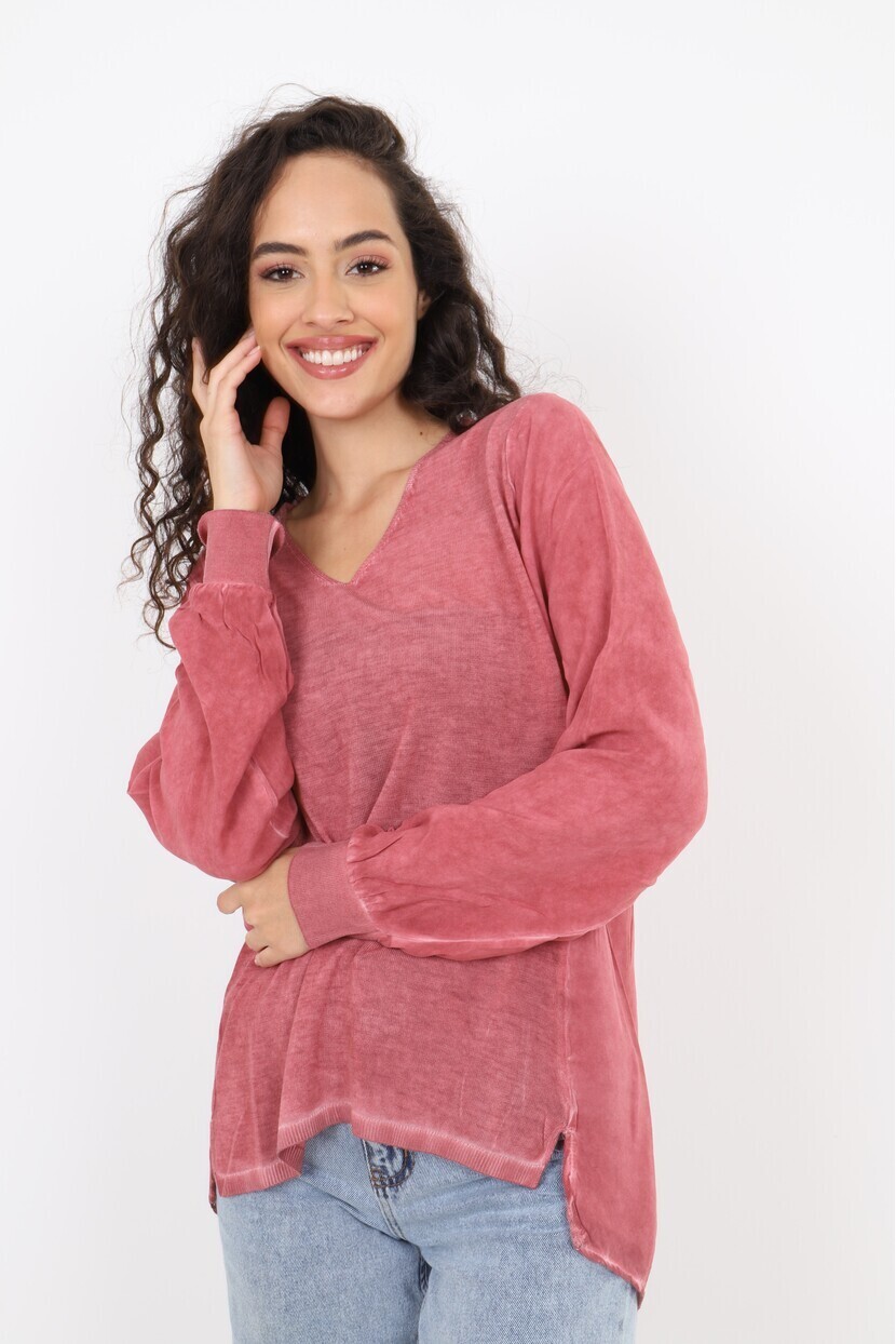 V Yaka Triko Dokuma Karışımlı Bluz