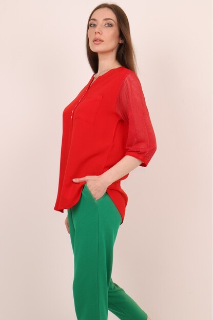 Kolları Triko Sim Detaylı Gömlek