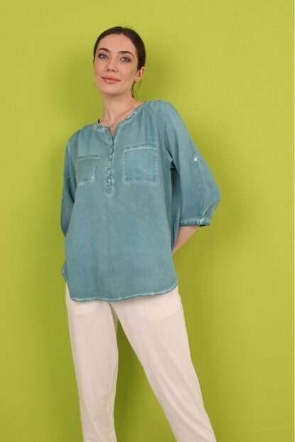 Petrol Düğme Detaylı Cepli Uzun Kol Gömlek JM271