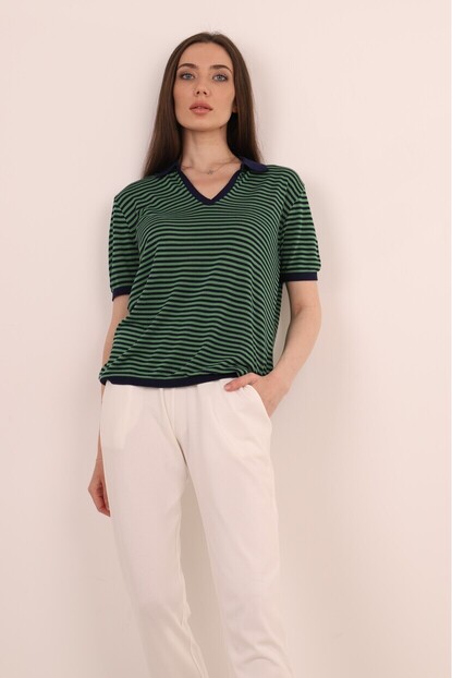 Polo Yaka Çizgili Triko