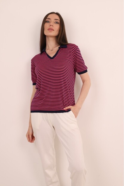Polo Yaka Çizgili Triko