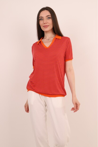 Polo Yaka Çizgili Triko