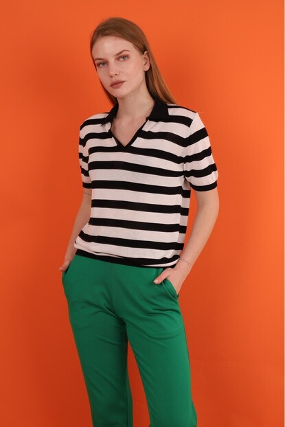Polo Yaka Kalın Çizgili Triko