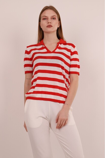 Polo Yaka Kalın Çizgili Triko