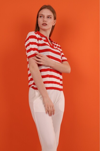 Polo Yaka Kalın Çizgili Triko