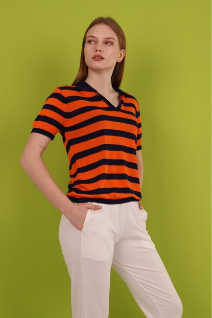Polo Yaka Kalın Çizgili Triko