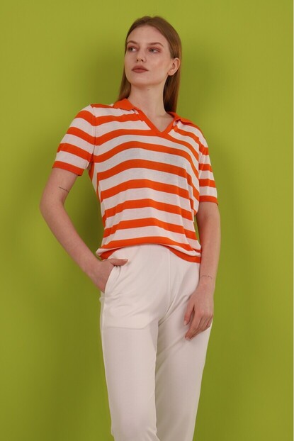 Polo Yaka Kalın Çizgili Triko
