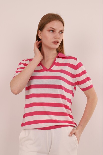 Polo Yaka Kalın Çizgili Triko