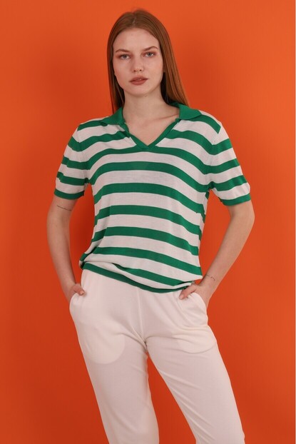 Polo Yaka Kalın Çizgili Triko