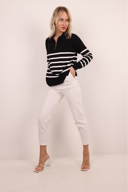 SİYAH BEYAZ FERMUARLI ÇİZGİLİ TRİKO