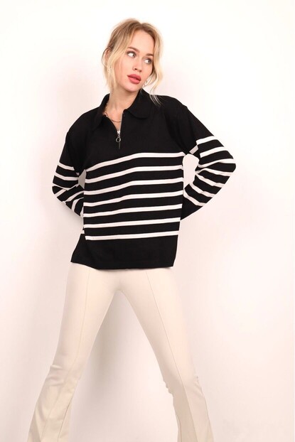 SİYAH BEYAZ FERMUARLI ÇİZGİLİ TRİKO