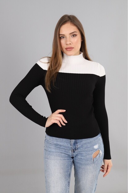 Siyah-Beyaz Yarım Balıkçı Triko