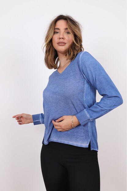 V Yaka Triko Dokuma Karışımlı Bluz