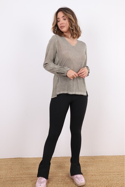 V Yaka Triko Dokuma Karışımlı Bluz