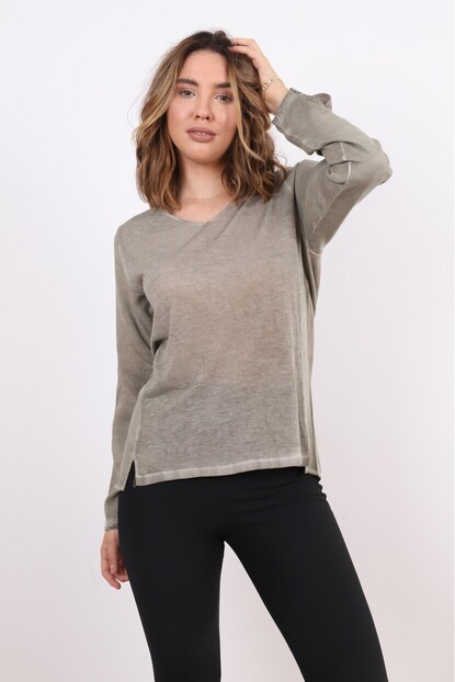V Yaka Triko Dokuma Karışımlı Bluz
