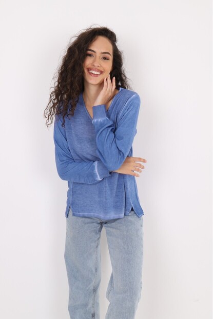 V Yaka Triko Dokuma Karışımlı Bluz